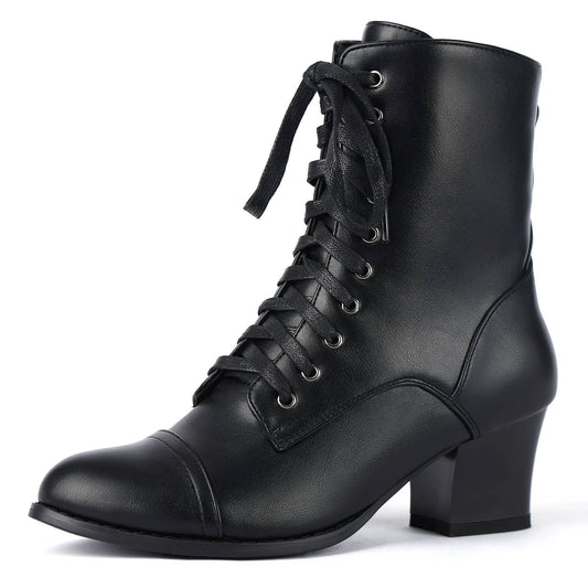 Lace Up Victorian Booties Mid Block Heel with Zipper