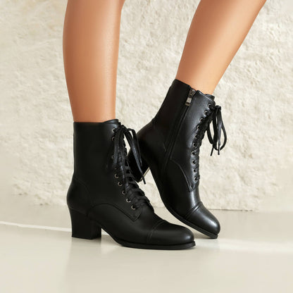 Lace Up Victorian Booties Mid Block Heel with Zipper