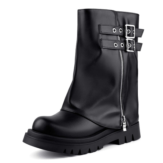 Side view of black fold over double buckle moto mid calf biker boots with side zipper and thick platform sole
