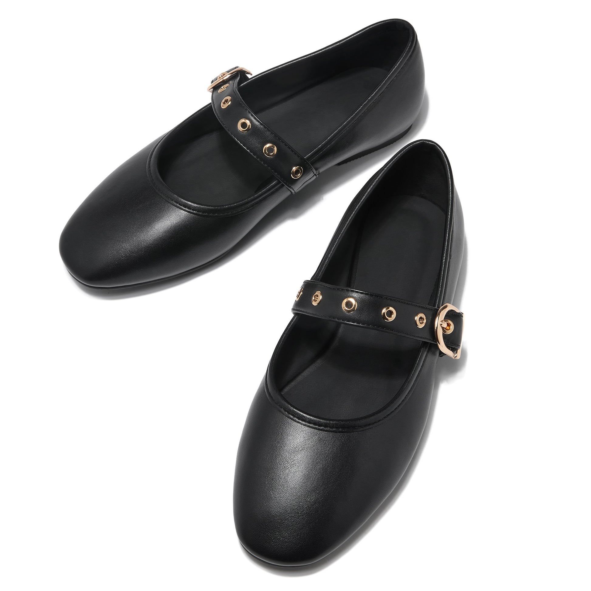 Font view of black classic women's Mary Jane flats with a retro round toe design