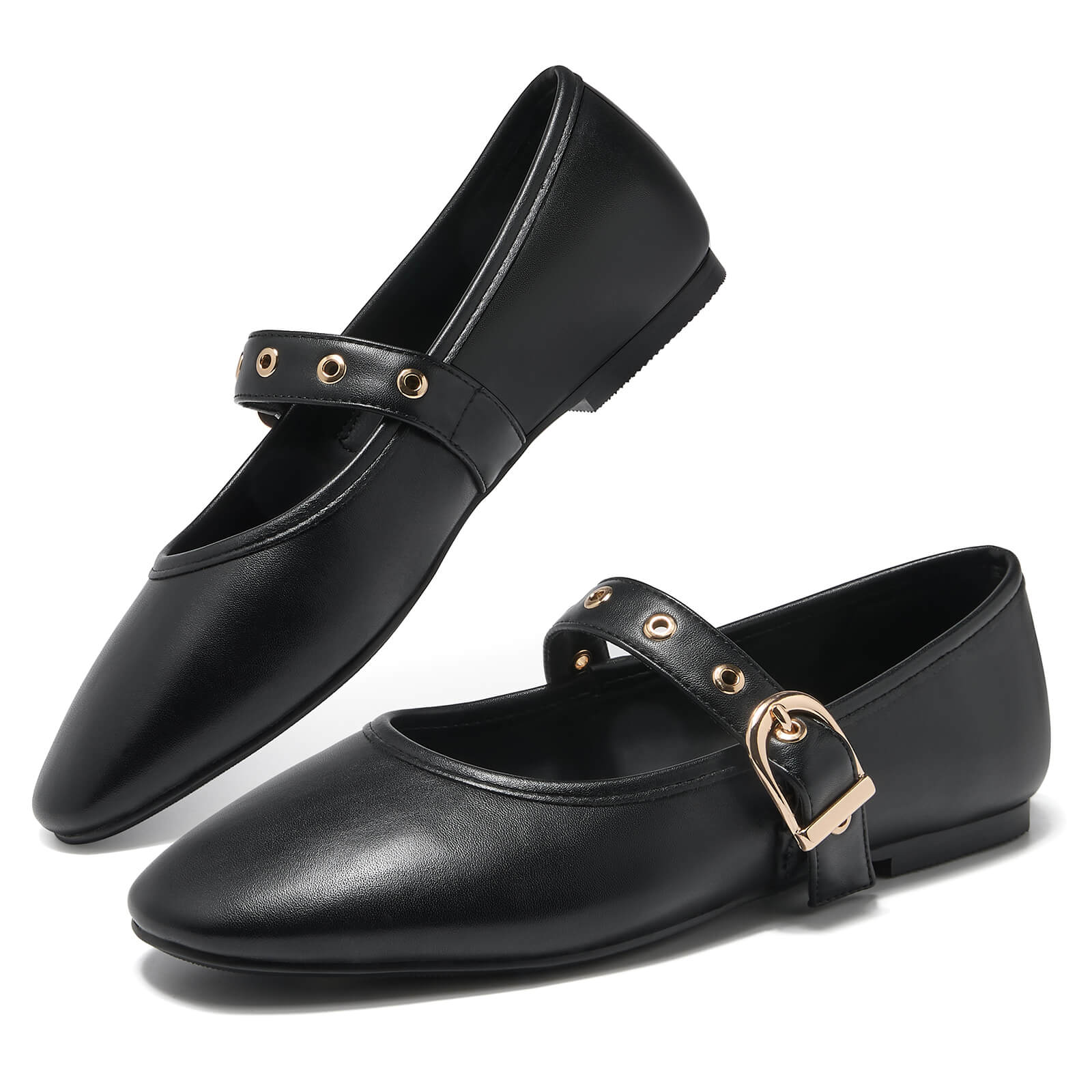Side view of black classic women's Mary Jane flats with a retro round toe design