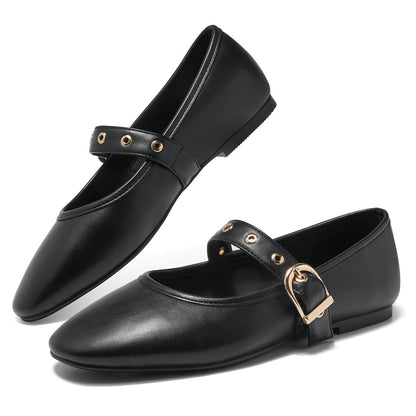 Side view of black classic women's Mary Jane flats with a retro round toe design