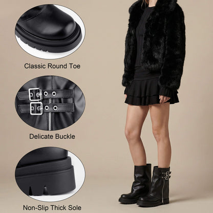 Black fold over buckle moto mid calf biker boots, classic round toe, double metal buckle, non slip thick lug sole, styled with fur coat and mini skirt