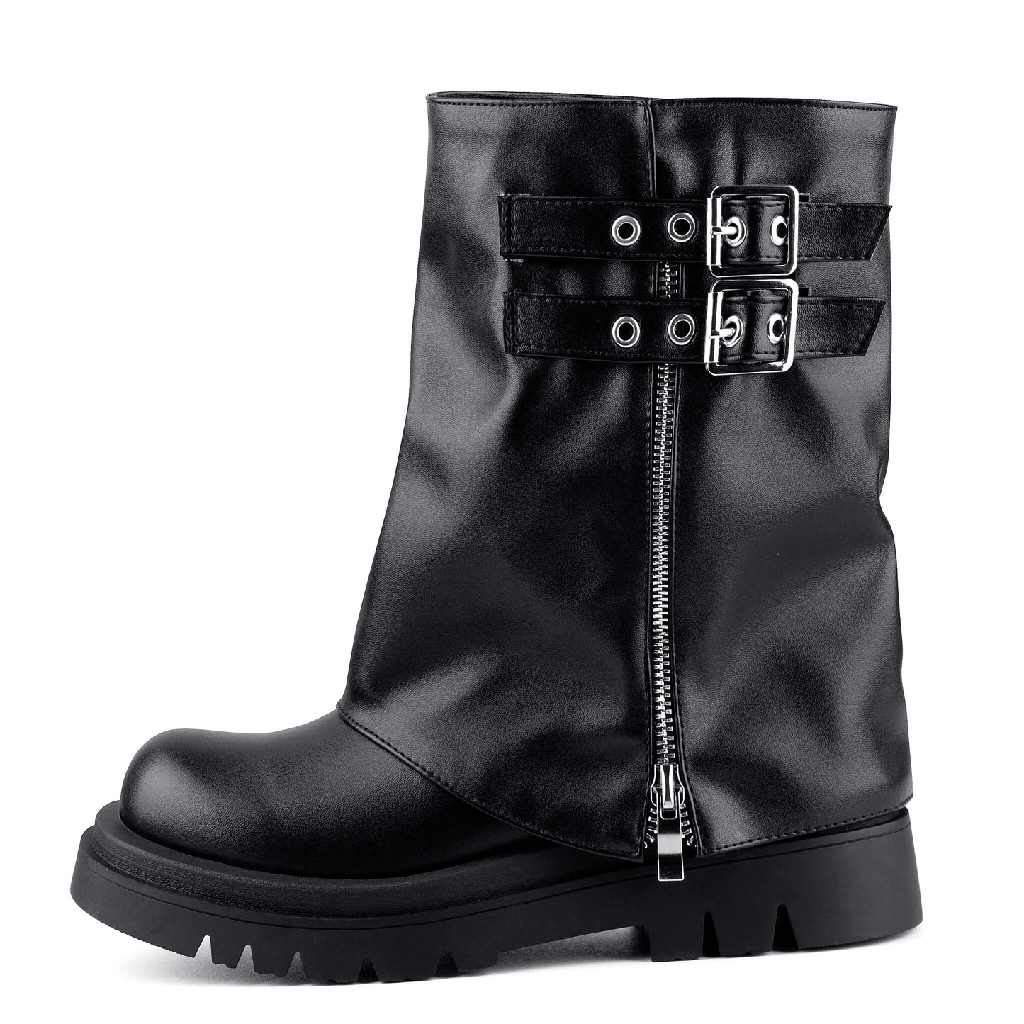 Front view of black fold over buckle moto mid calf biker boots, round toe, side zipper and chunky lug sole