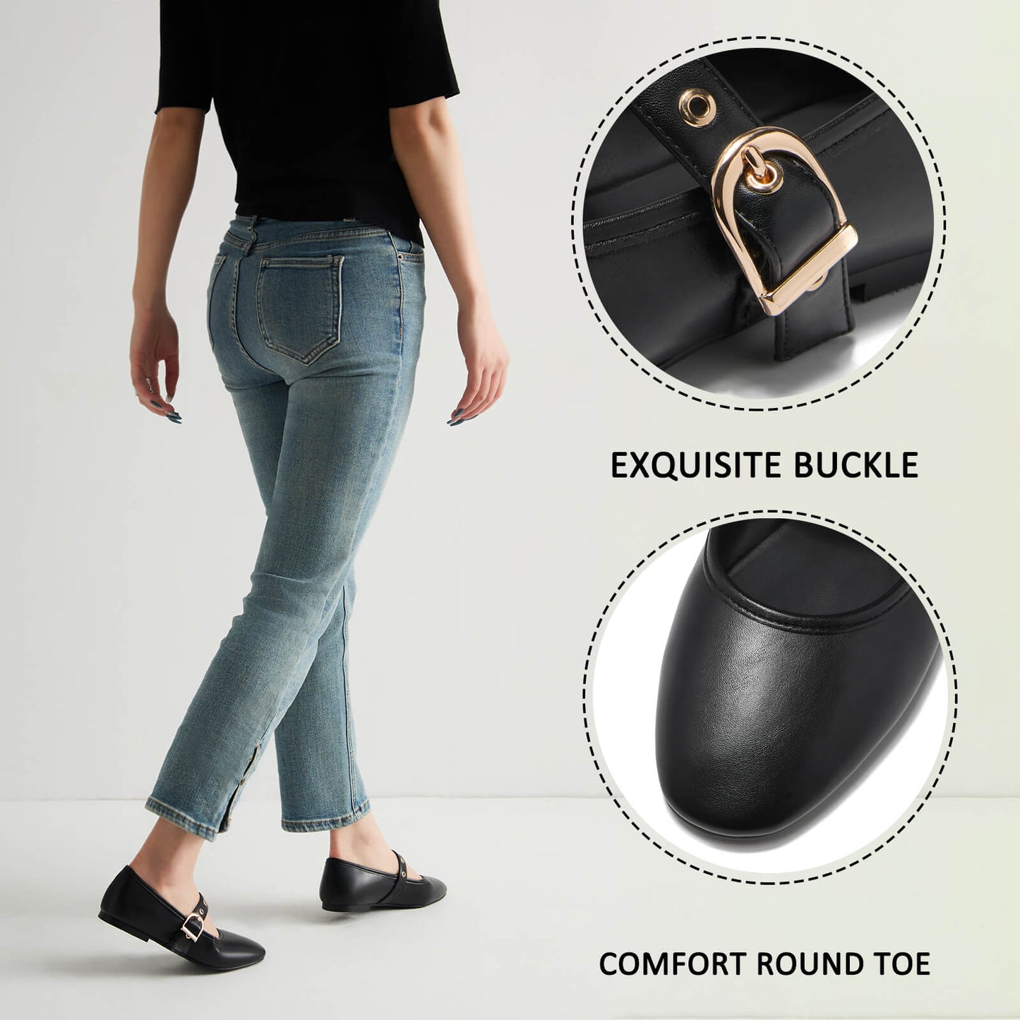 Side profile of ballet flats highlighting the adjustable buckle strap