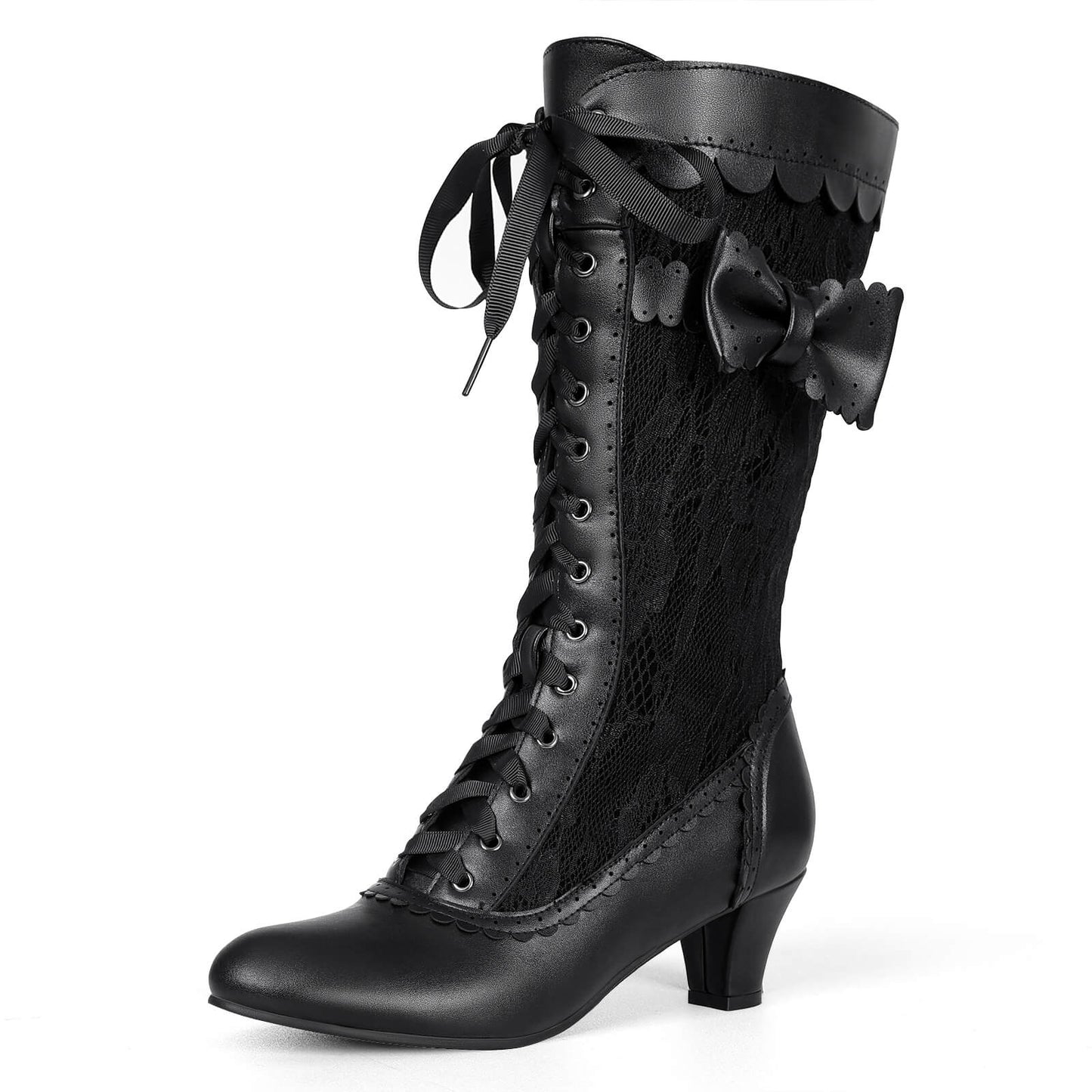 Side view of black renaissance mid heel bridal boots, visible side zipper and elegant heel detail