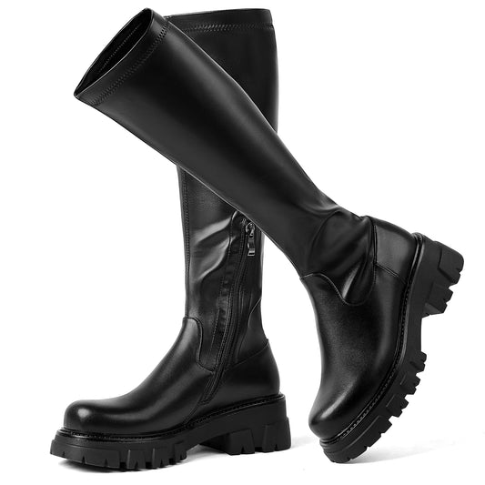 Black Knee High Boots - Lug Sole Stretch Thick Sole Half Zipper