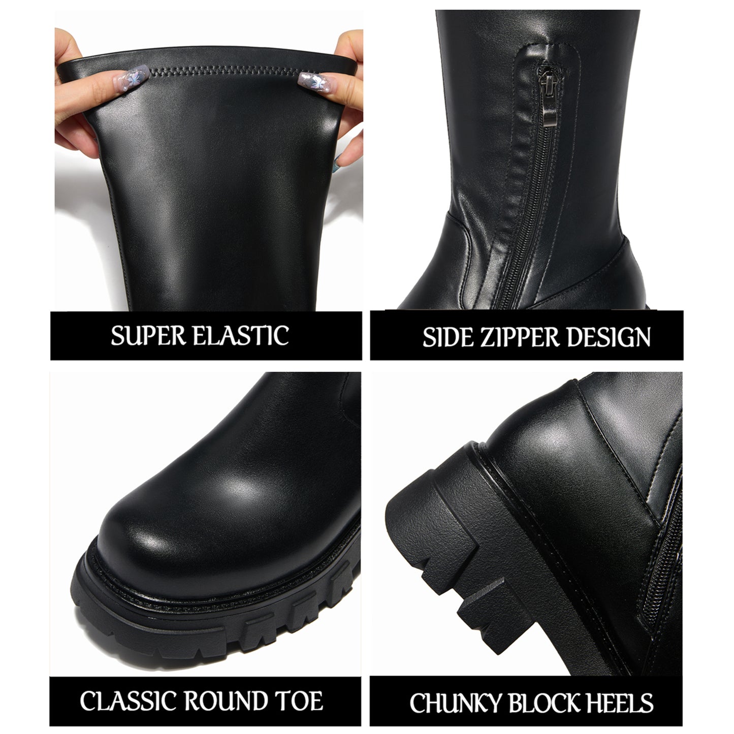 Black Knee High Boots - Lug Sole Stretch Thick Sole Half Zipper
