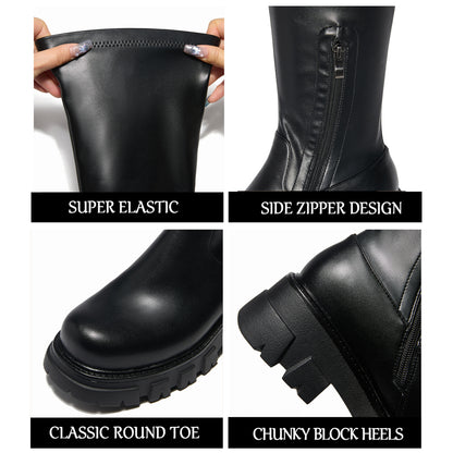 Black Knee High Boots - Lug Sole Stretch Thick Sole Half Zipper