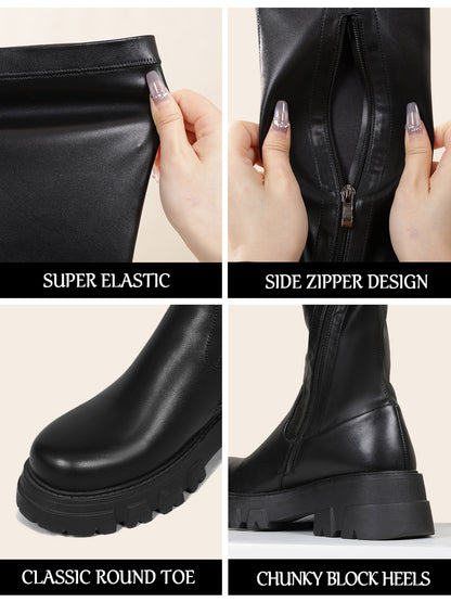 Stretch Thigh High Boots - Women Platform Chunky Heel Boots