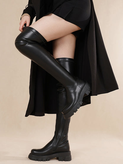 Stretch Thigh High Boots - Women Platform Chunky Heel Boots