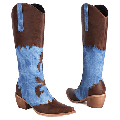 Denim Cowboy Boots - Women Pointed Toe Chunky Heel Boots