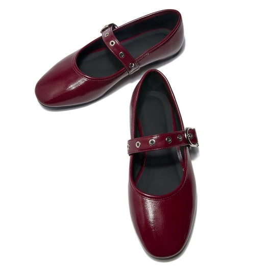 Font view of burgundy classic women's Mary Jane flats with a retro round toe design