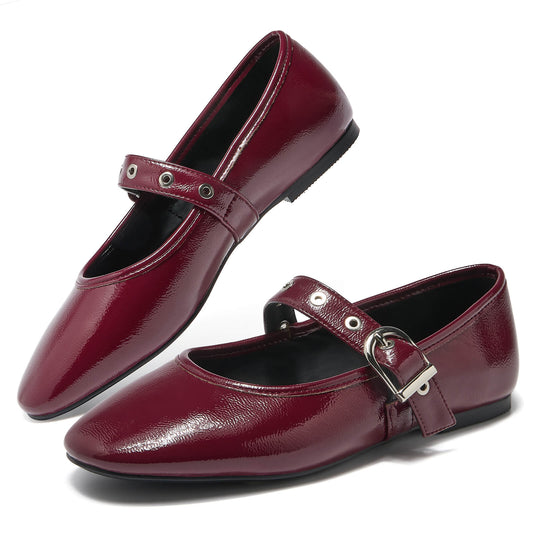 Side view of burgundy classic women's Mary Jane flats with a retro round toe design