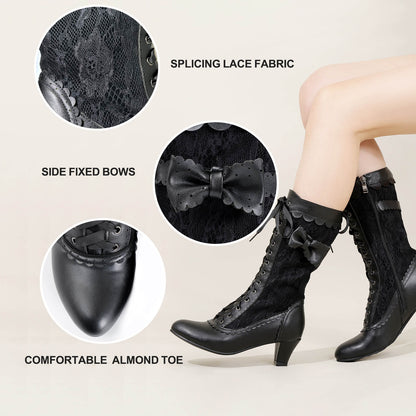 Close up detail of black renaissance bridal boots, classic toe shape, mid heel and side zipper feature