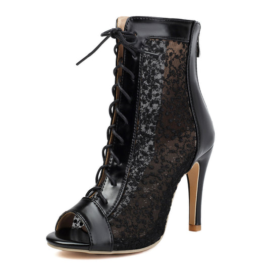 Lace Up Open Toe Dance Booties - Mesh Sequin Stiletto High Heel