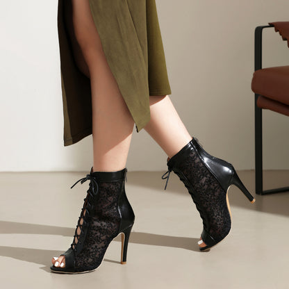 Lace Up Open Toe Dance Booties - Mesh Sequin Stiletto High Heel