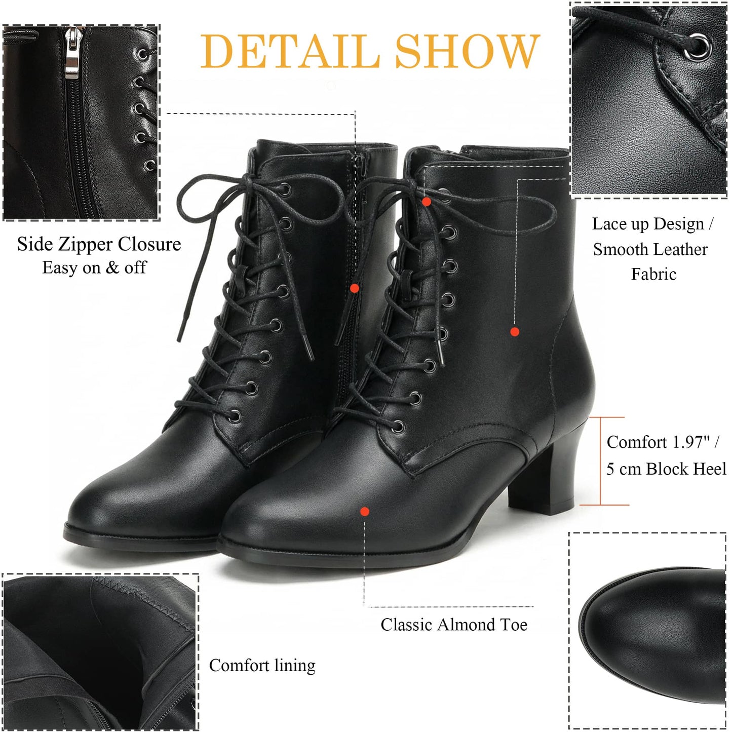 Black Ankle Boots - Women Lace Up Zipper Booties
