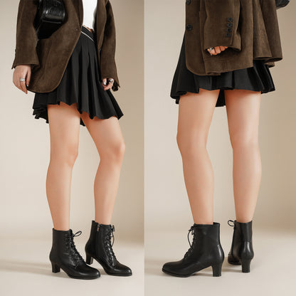 Black Ankle Boots - Women Lace Up Zipper Booties