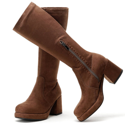 Suede Knee High Boots - Women Platform Chunky Heel Boots