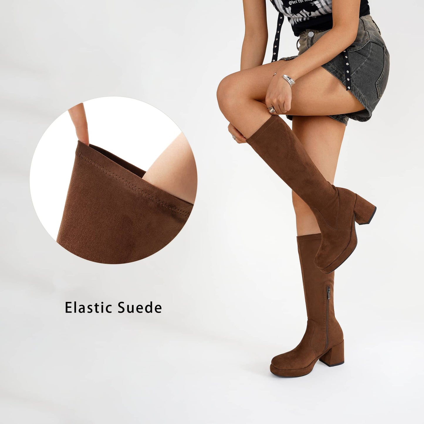 Suede Knee High Boots - Women Platform Chunky Heel Boots