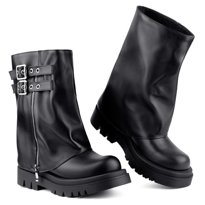 Pair of black fold over buckle moto mid calf biker boots on white background, round toe, lug sole and metal buckle details