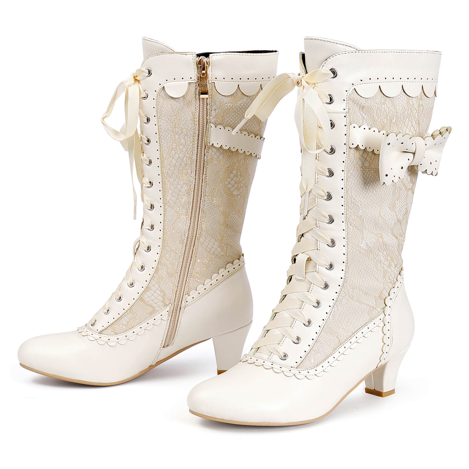 Flat lay pair of beige renaissance mid heel zipper bridal boots on white background