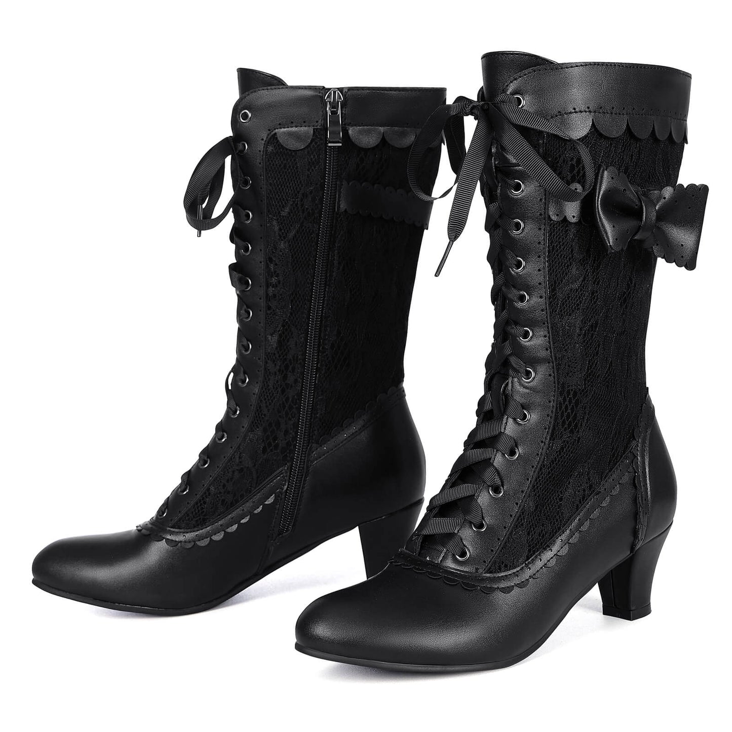 Flat lay pair of black renaissance mid heel zipper bridal boots on white background