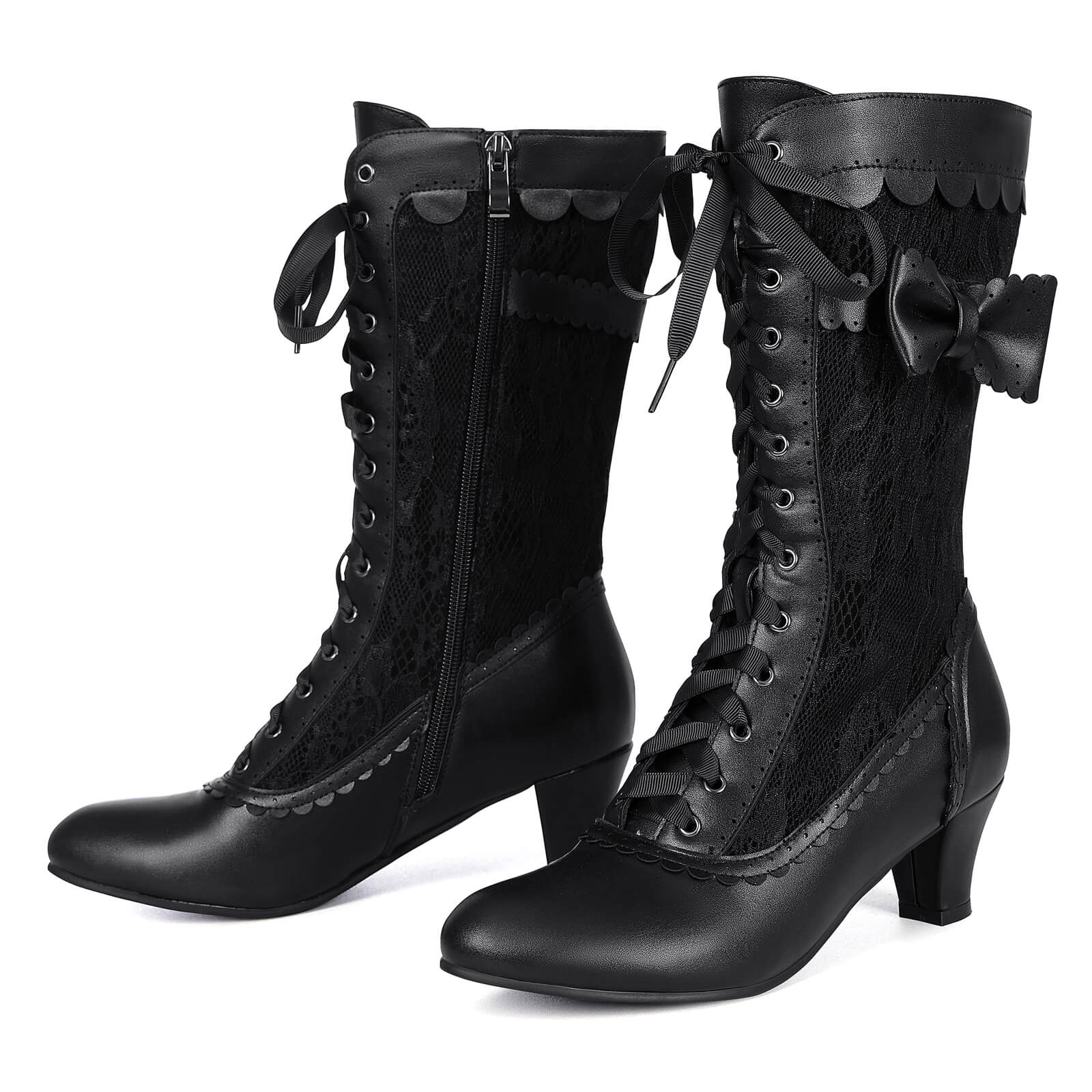 Flat lay pair of black renaissance mid heel zipper bridal boots on white background