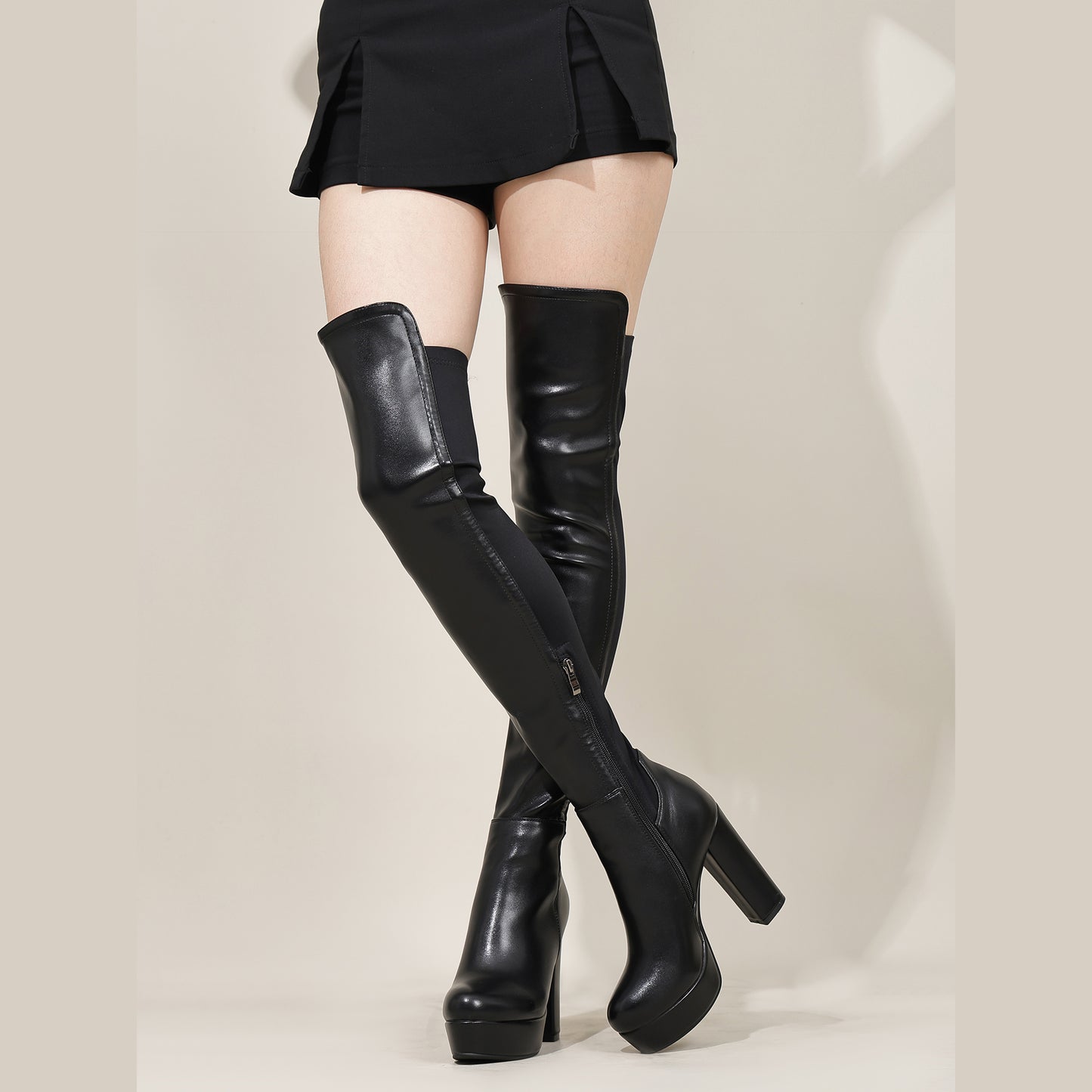 Thigh High Boots - Women Chunky Heel Side Zipper Boots