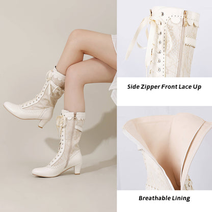 Close up detail of beige renaissance bridal boots, classic toe shape, mid heel and side zipper feature