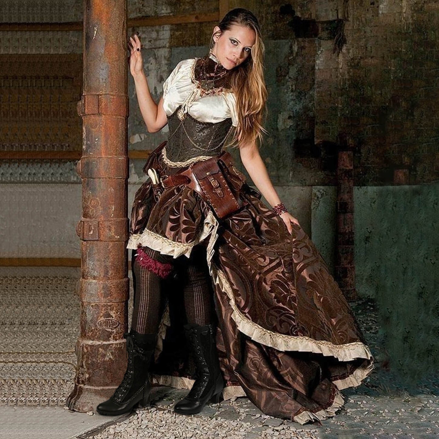Women styled in renaissance bridal mid heel zipper boots for vintage renaissance and wedding event look