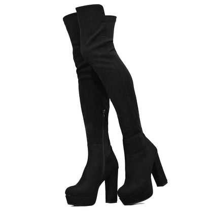 Thigh High Boots - Women Chunky Heel Side Zipper Boots