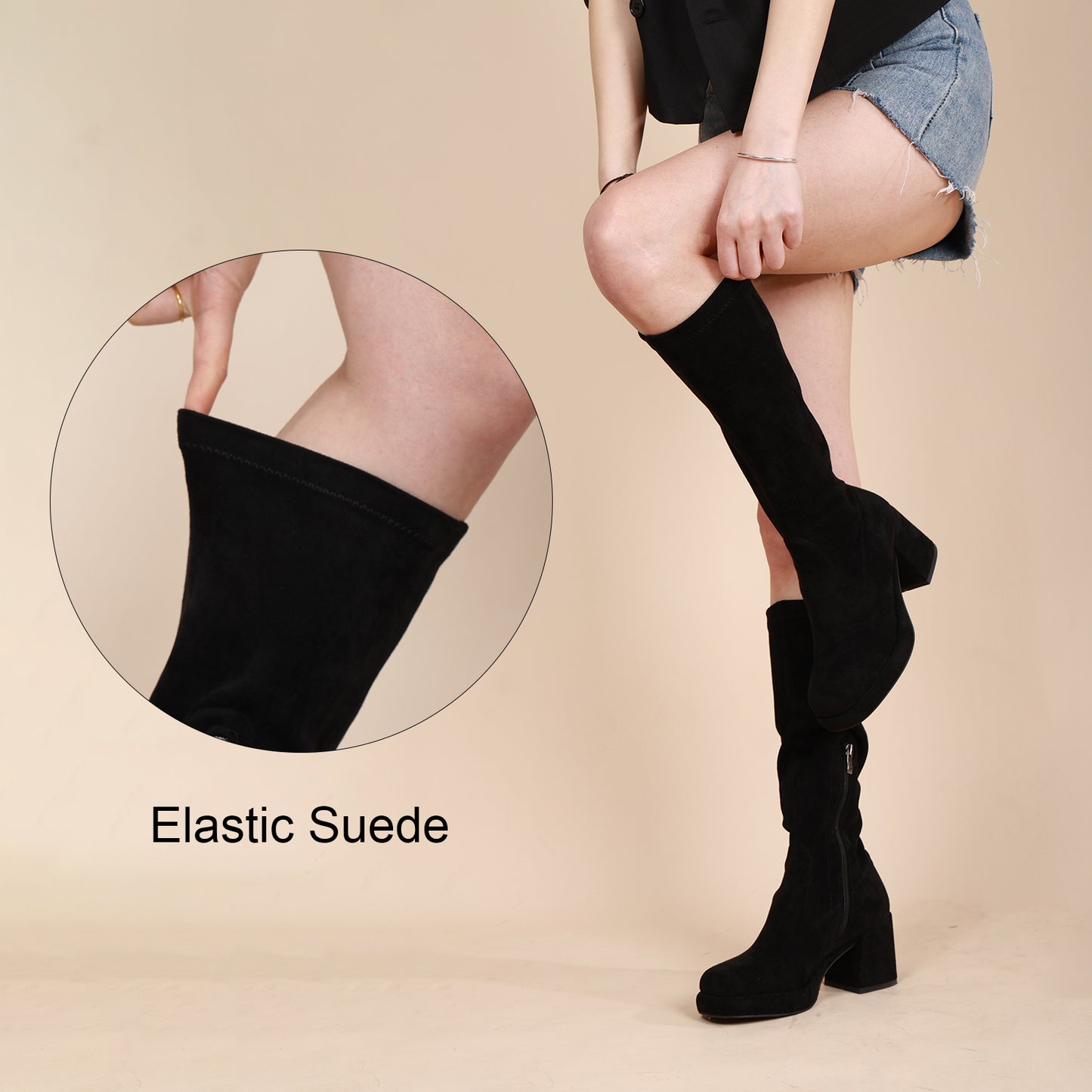 Suede Knee High Boots - Women Platform Chunky Heel Boots