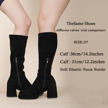 Suede Knee High Boots - Women Platform Chunky Heel Boots