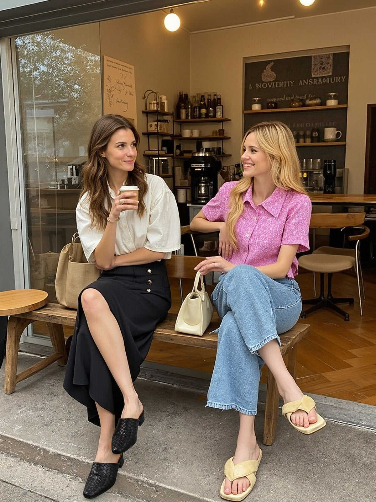 Black woven mules with casual outfit for city brunch style