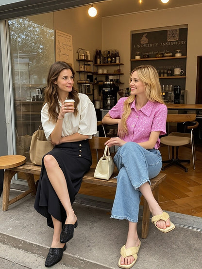 Black woven mules with casual outfit for city brunch style