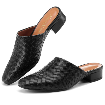 Front view of classic black woven low heel mules for women with square toe design