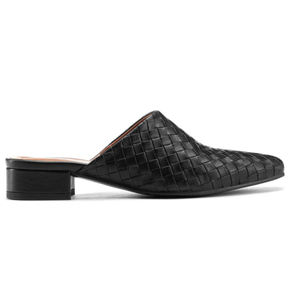 Side view of classic black woven low heel mules for women with square toe design