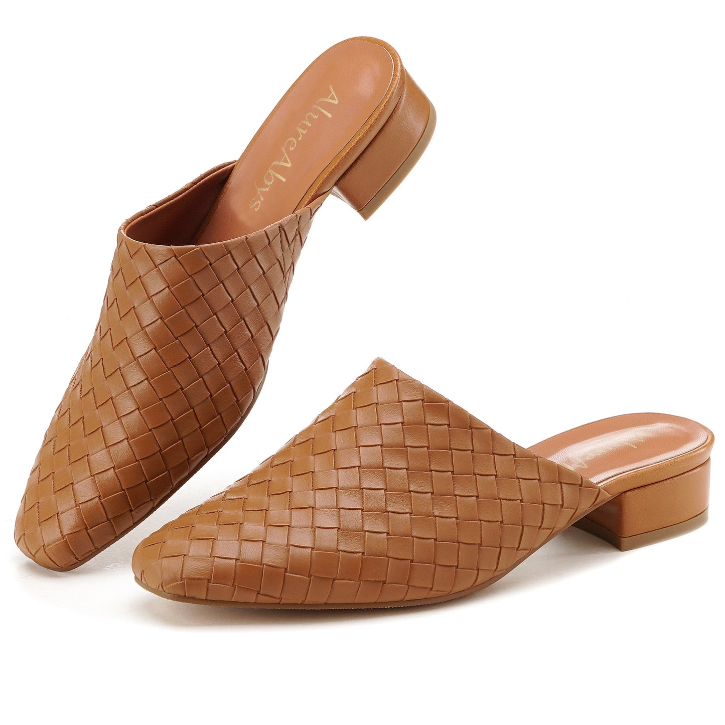 Front view of classic brown woven low heel mules for women with square toe design