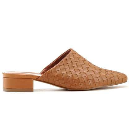 Side profile of comfortable braided leather mules showing the sturdy low block heel